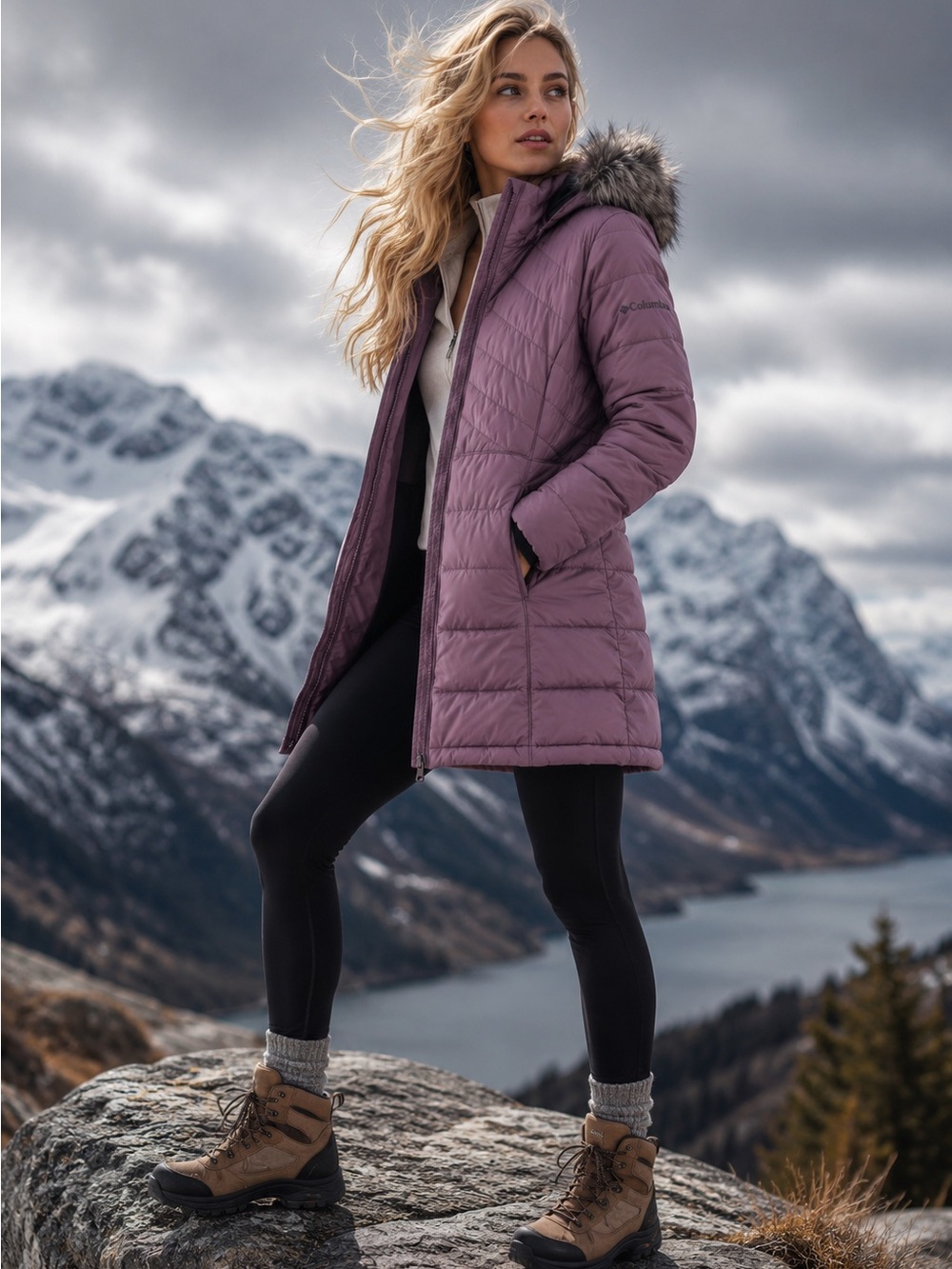 Columbia Womens Purple Mid-Length Quilted Puffer Jacket Faux Fur Hood Size M
